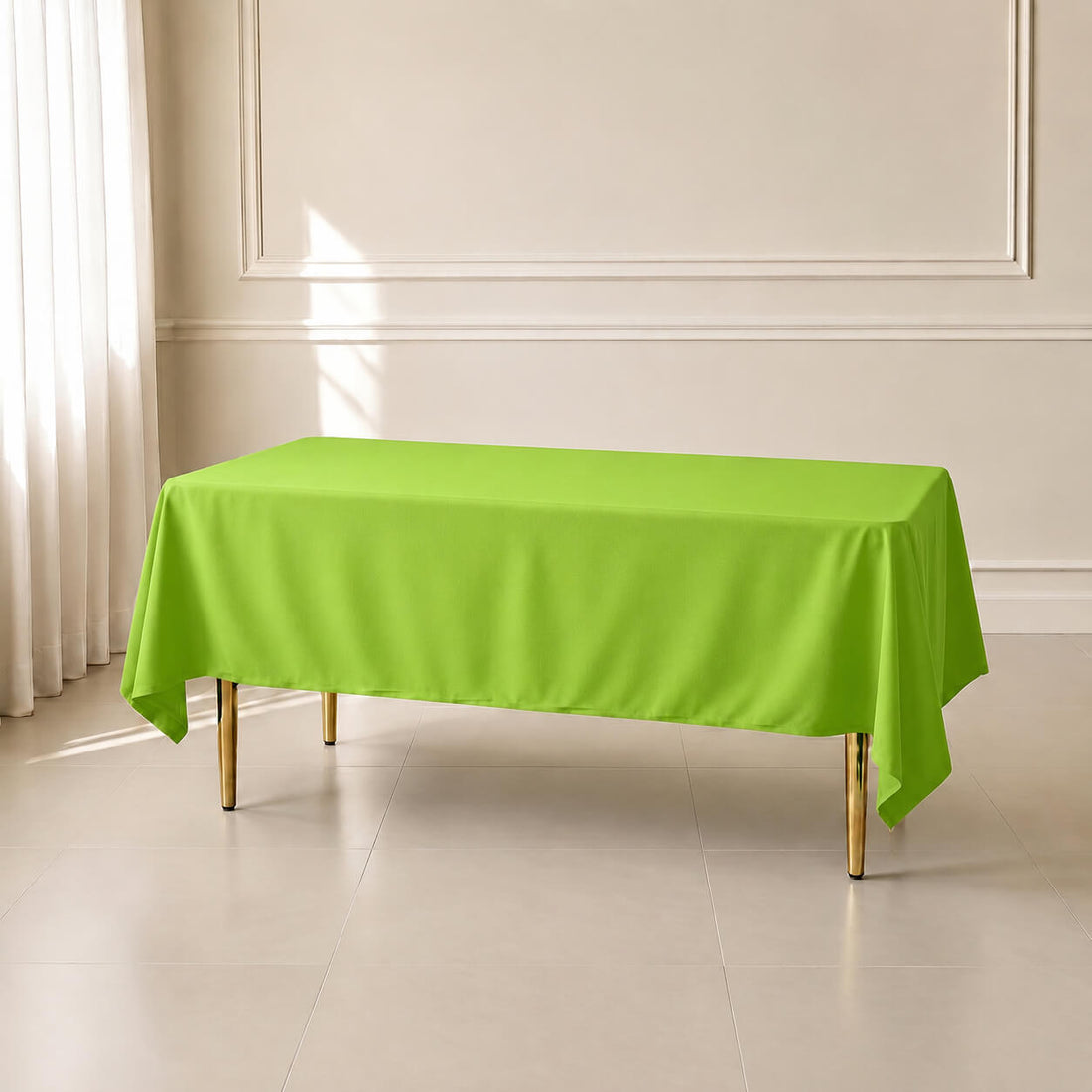 Apple green wrinkle-resistant tablecloth on a dining table.