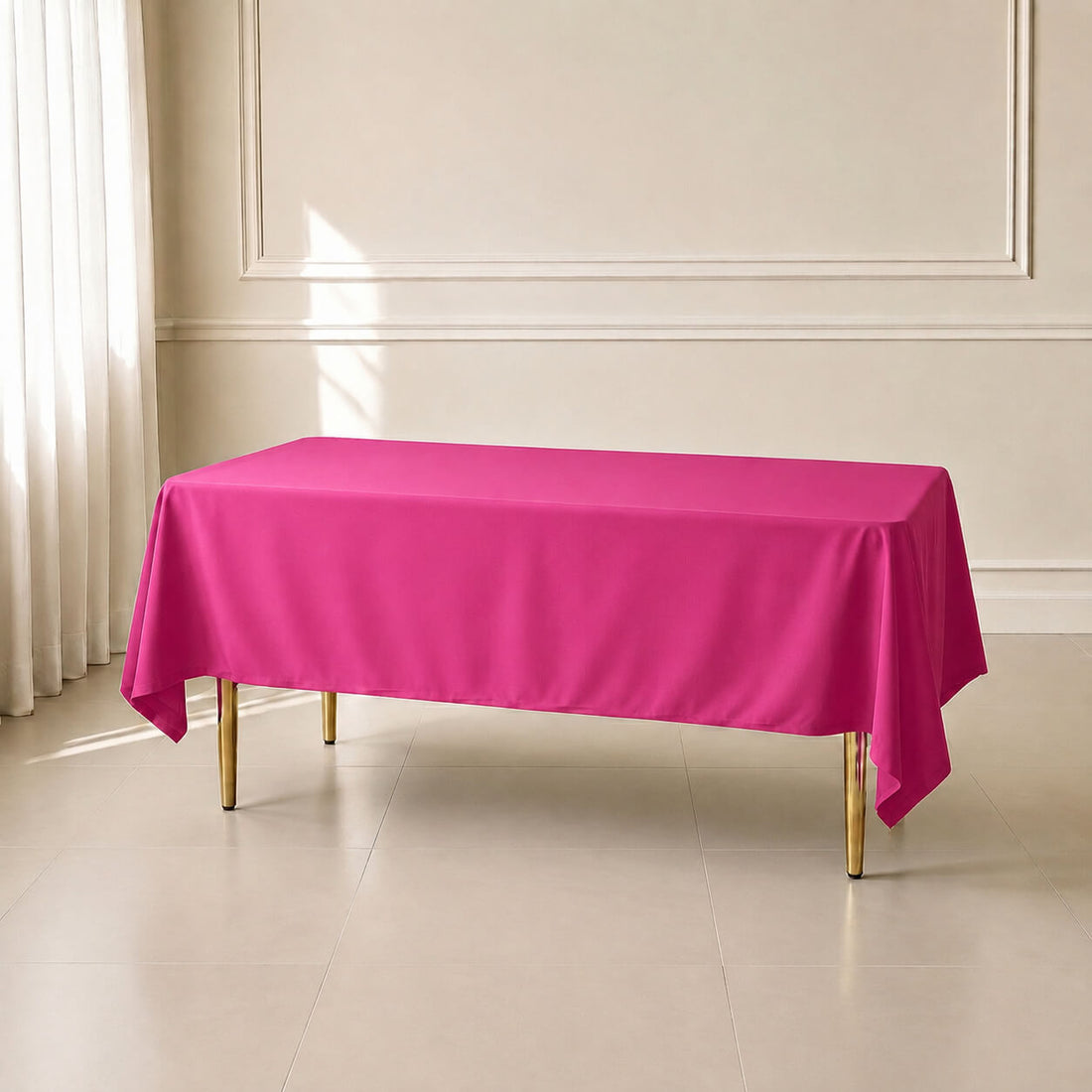 Fuchsia rectangle tablecloth 60"x102" with a wrinkle-resistant finish.