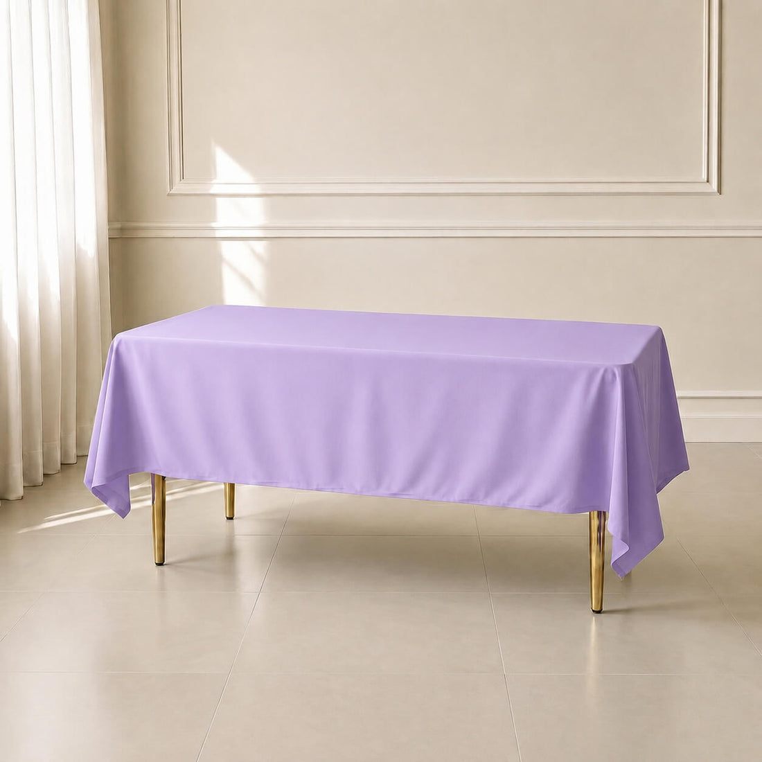 Lavender lilac wrinkle-resistant tablecloth on a dining table.