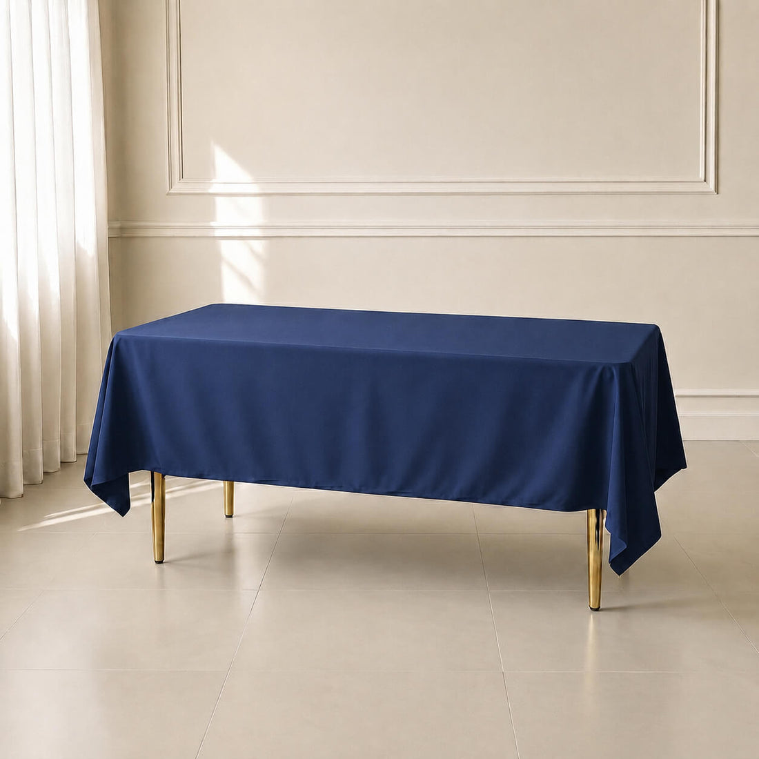 Navy blue wrinkle-resistant rectangle tablecloth 60"x102".