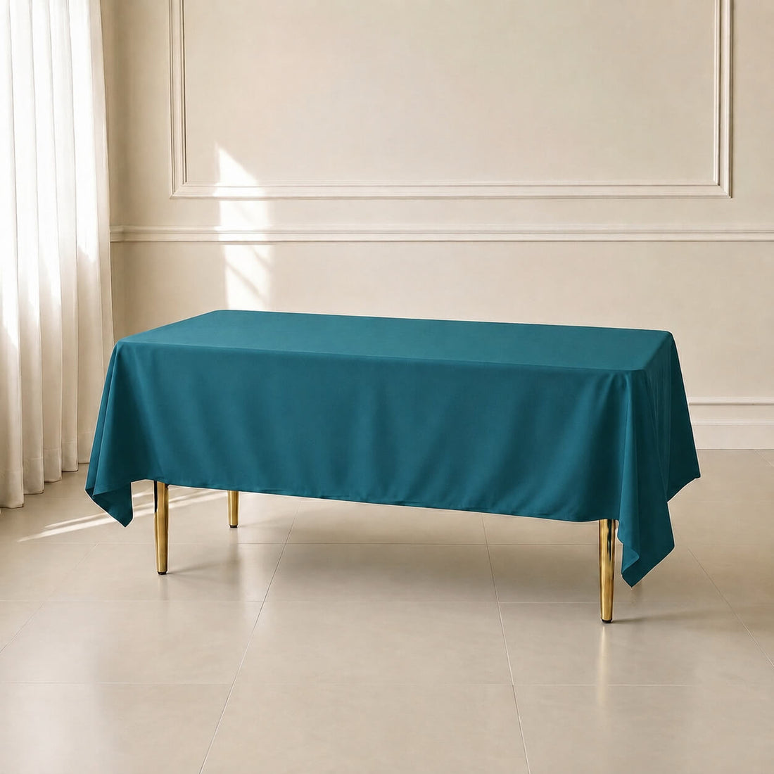 Peacock teal rectangle tablecloth 60"x102", wrinkle-resistant finish.
