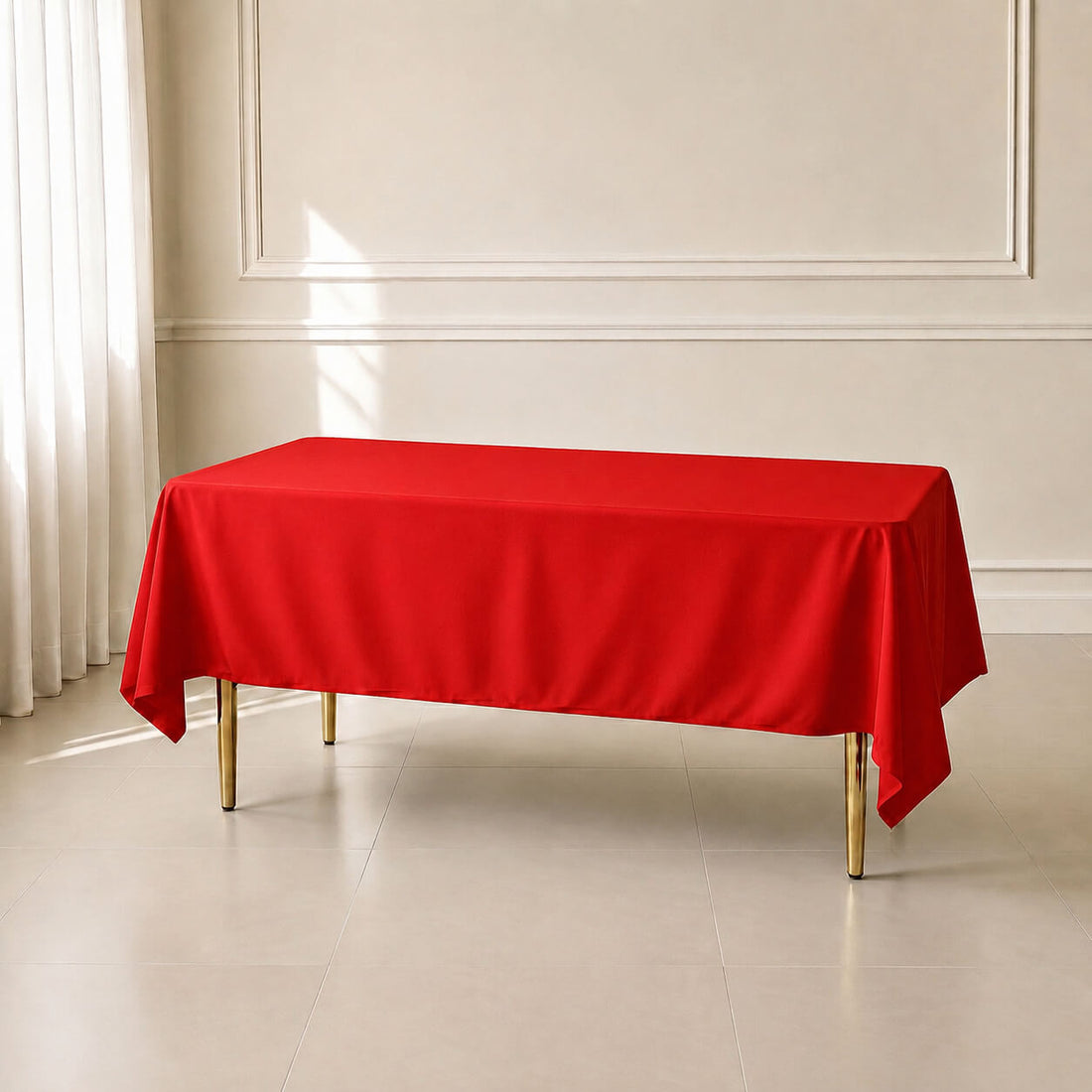 Red wrinkle-resistant rectangle tablecloth 60"x102" on a table.
