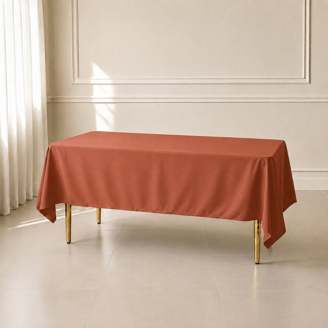 Terracotta rectangle tablecloth 60"x102" with wrinkle-resistant finish.