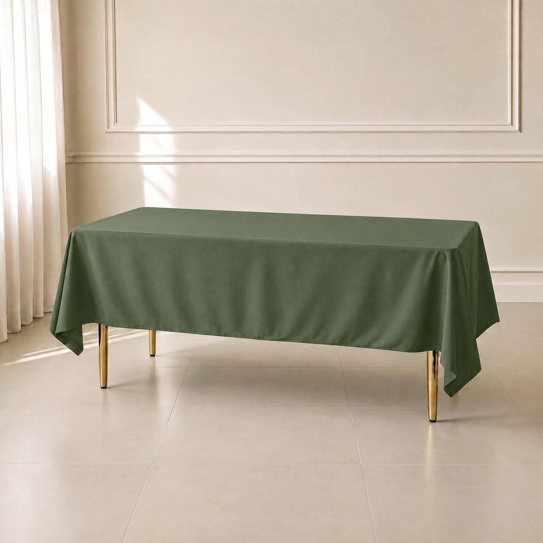 Olive green wrinkle-resistant rectangle tablecloth on a table.