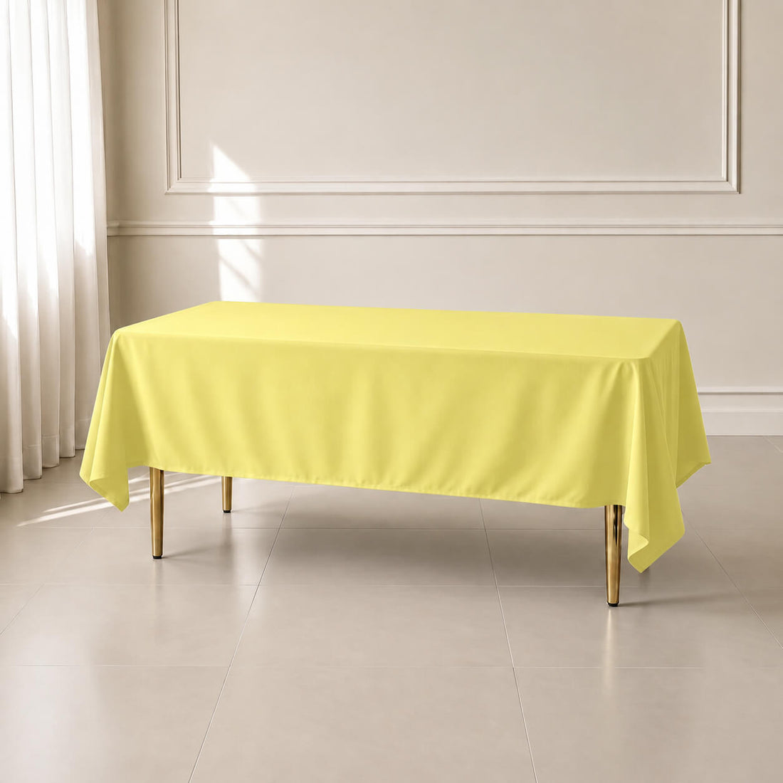 Yellow polyester rectangle tablecloth 60"x102" - wrinkle-resistant finish.