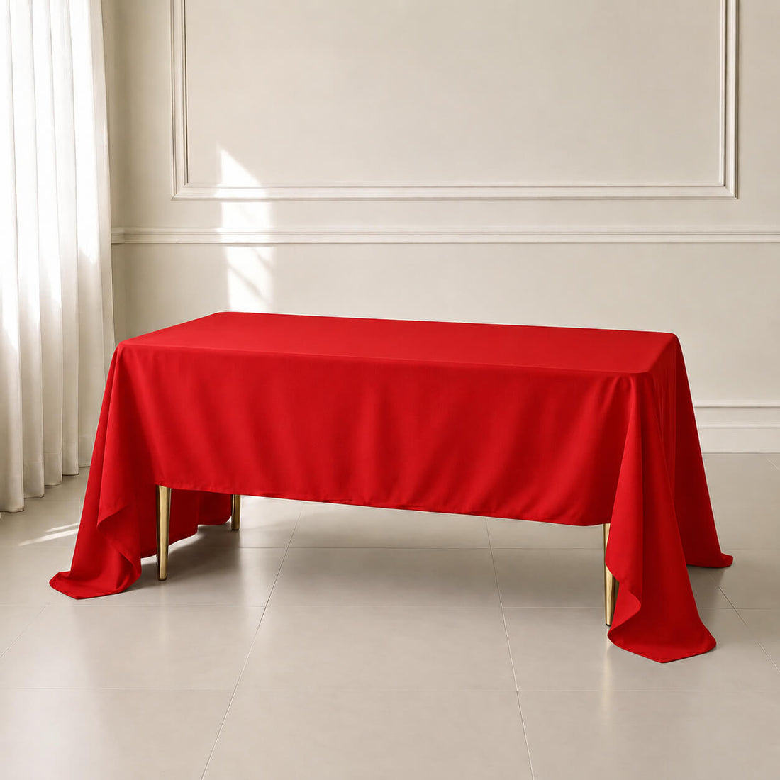 Red polyester rectangle tablecloth 60"x126" on a table.