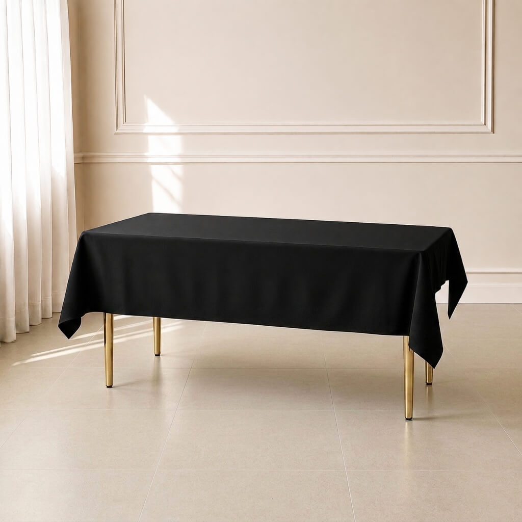Black rectangle tablecloth, 60"×84", wrinkle-resistant and durable.