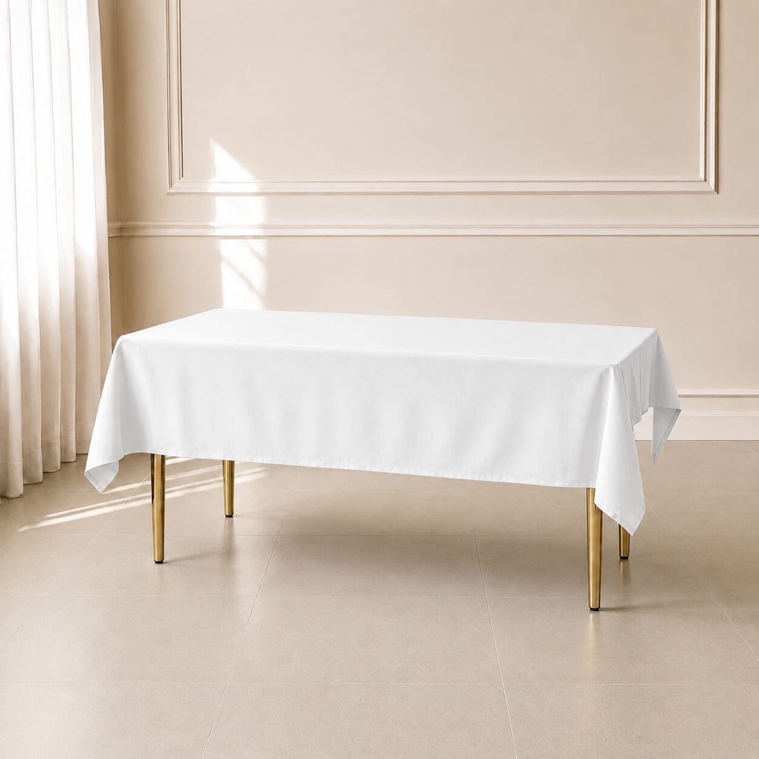 White rectangular tablecloth, 60"×84", wrinkle-resistant, for events.