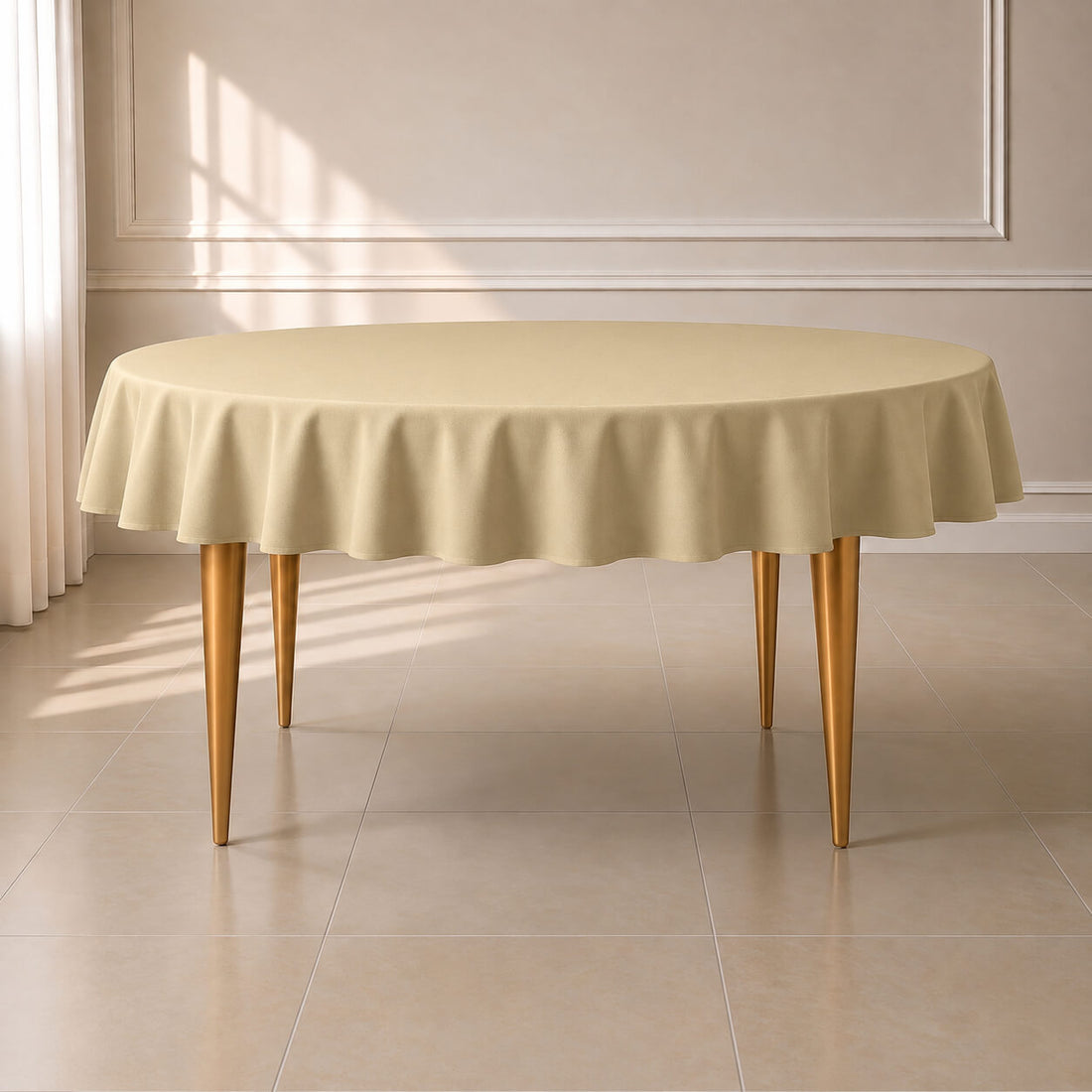 Champagne round tablecloth with linen texture on a table.