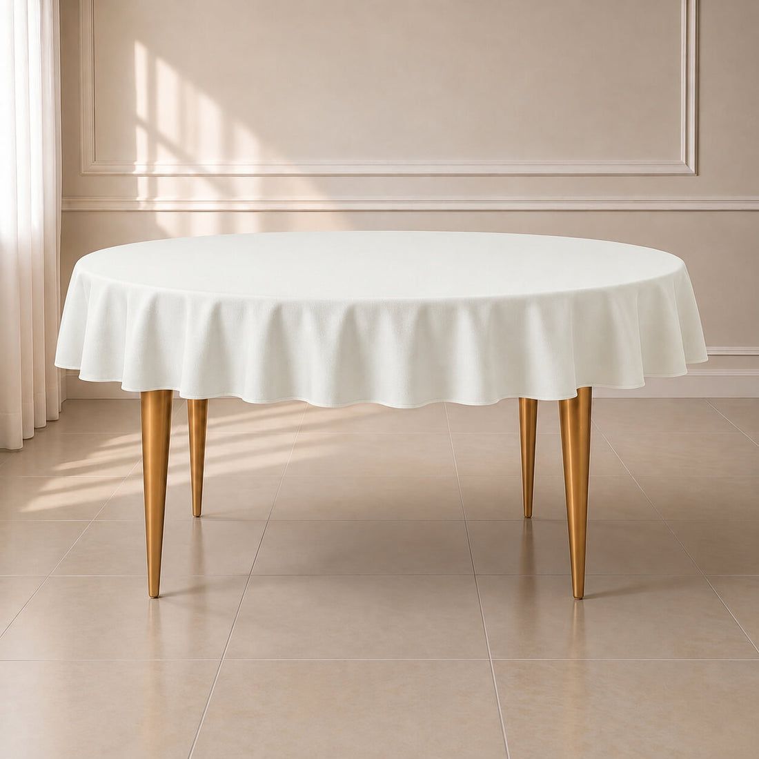 Ivory round tablecloth with a linen texture on a wooden table.