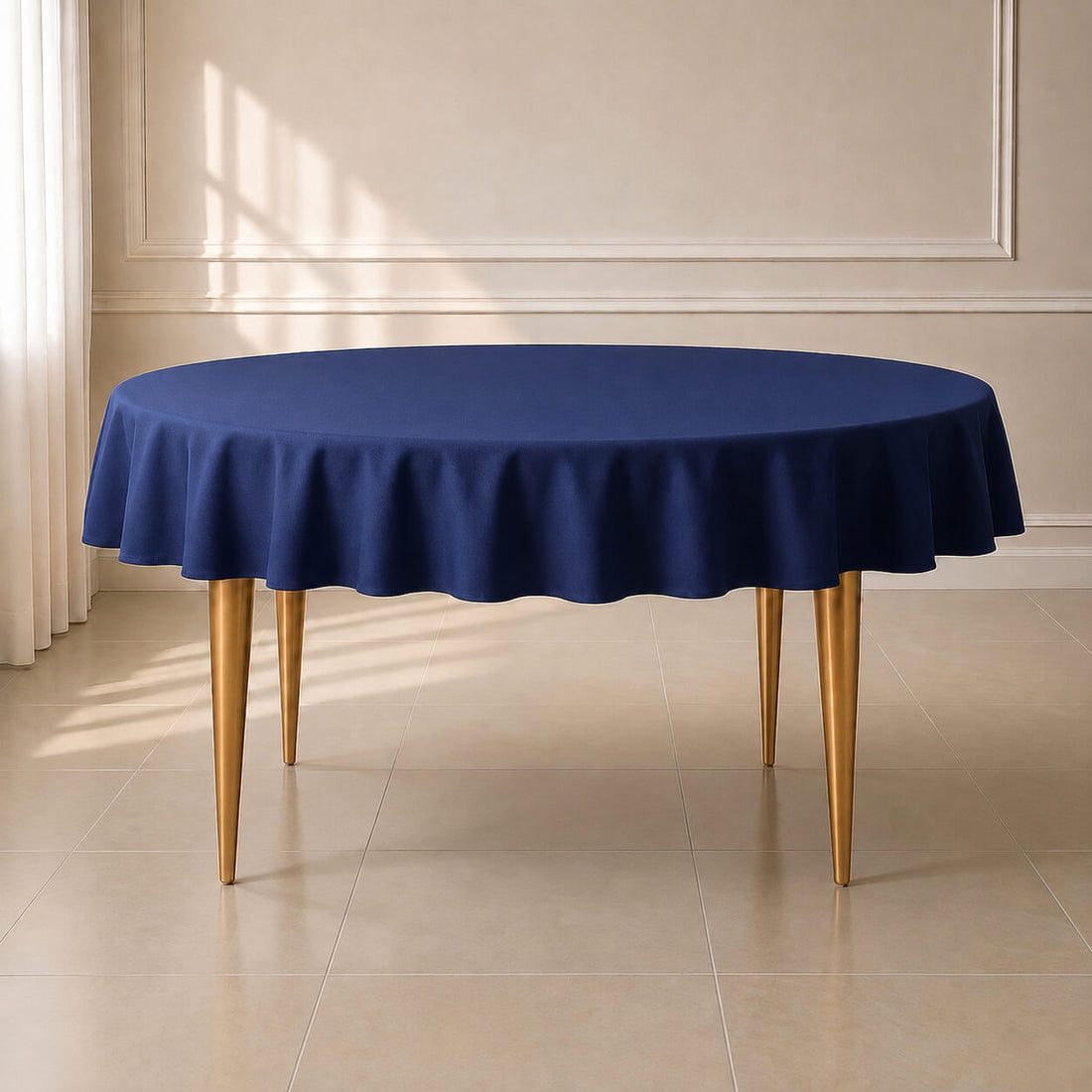 Navy blue polyester round tablecloth with linen texture.