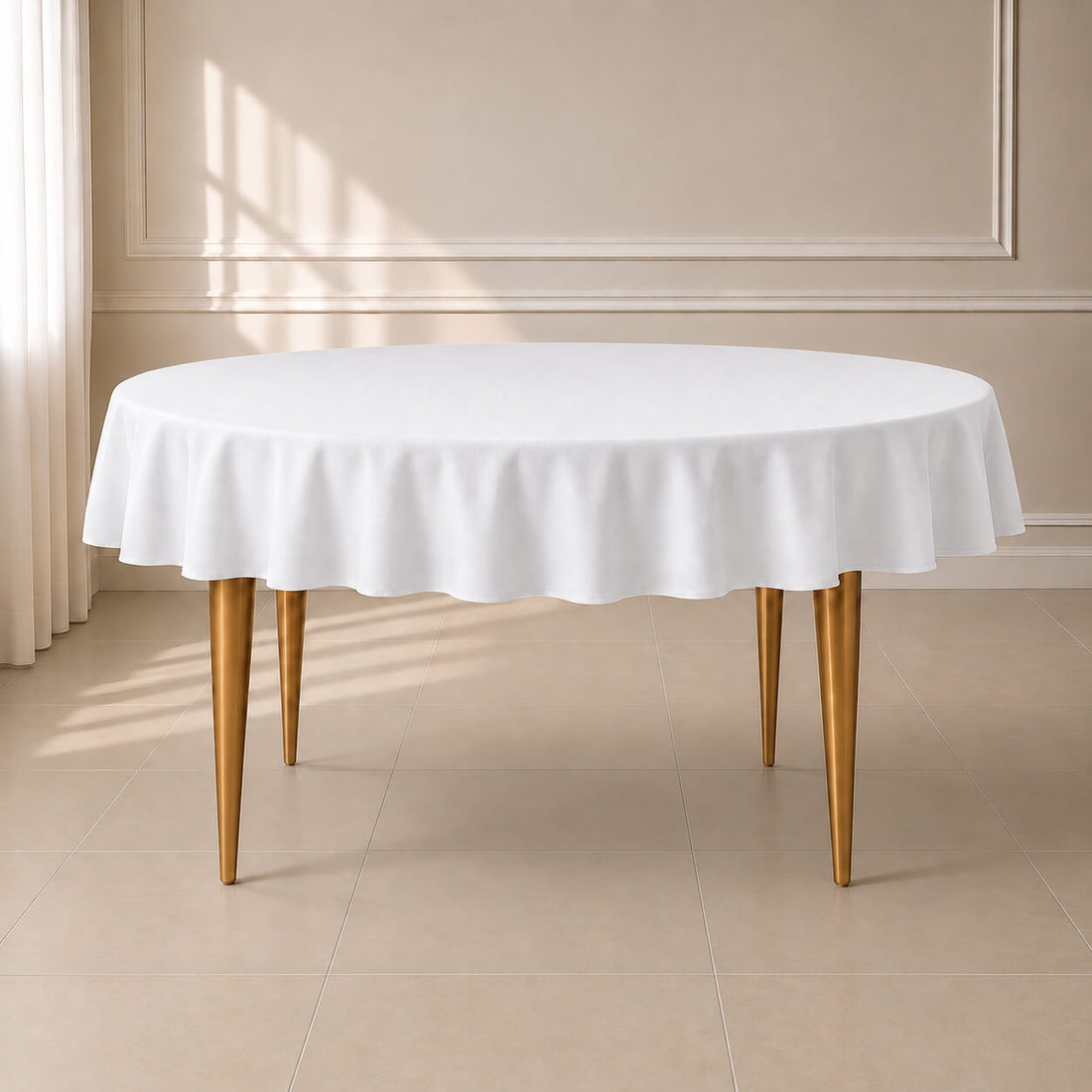 White polyester round tablecloth with linen texture on a table.