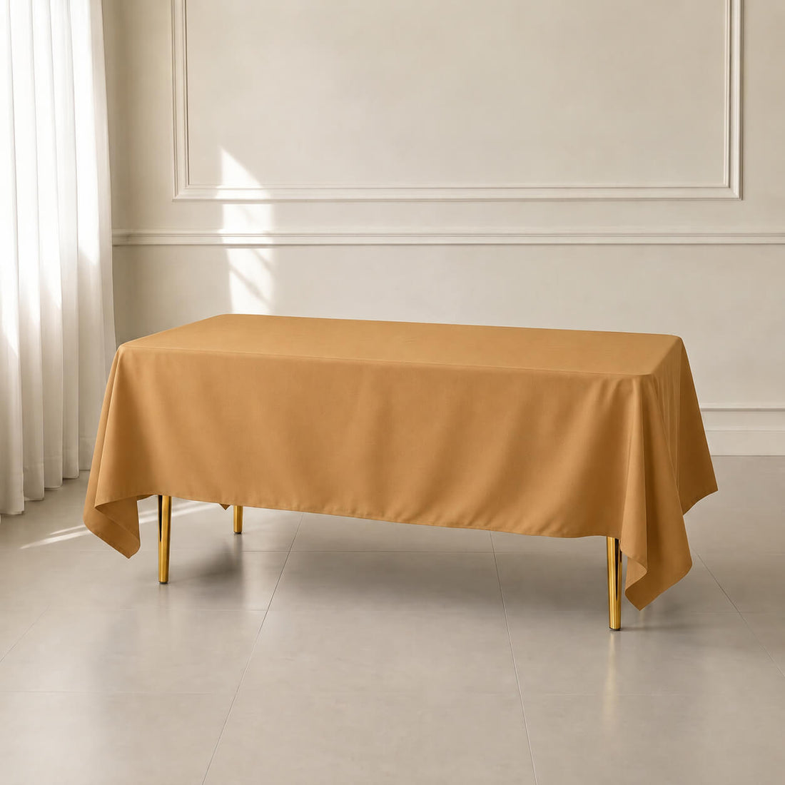 Gold wrinkle-resistant tablecloth for events, 72"x120".