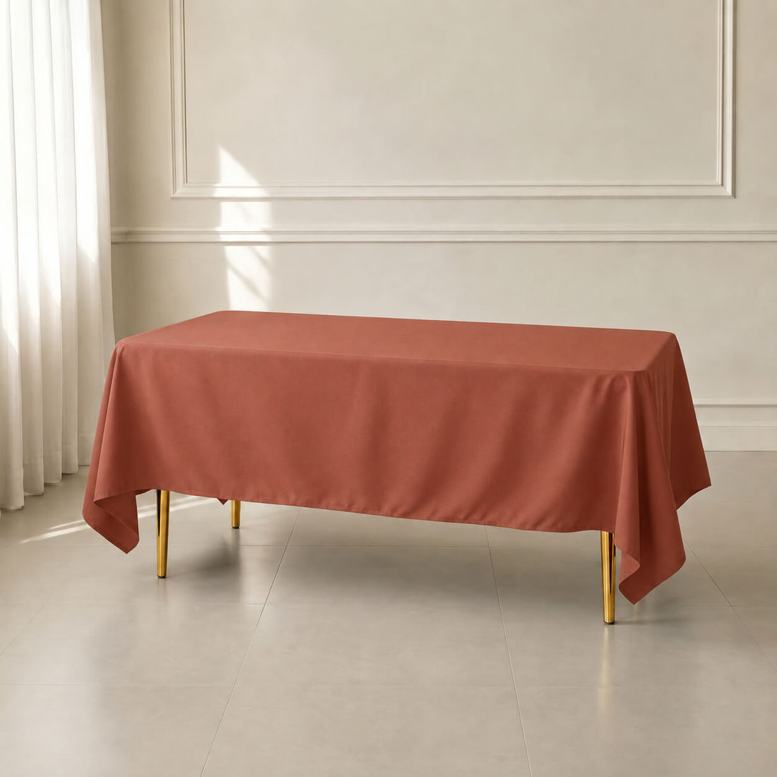 Terracotta rectangular tablecloth, 72"x120", wrinkle-resistant finish.