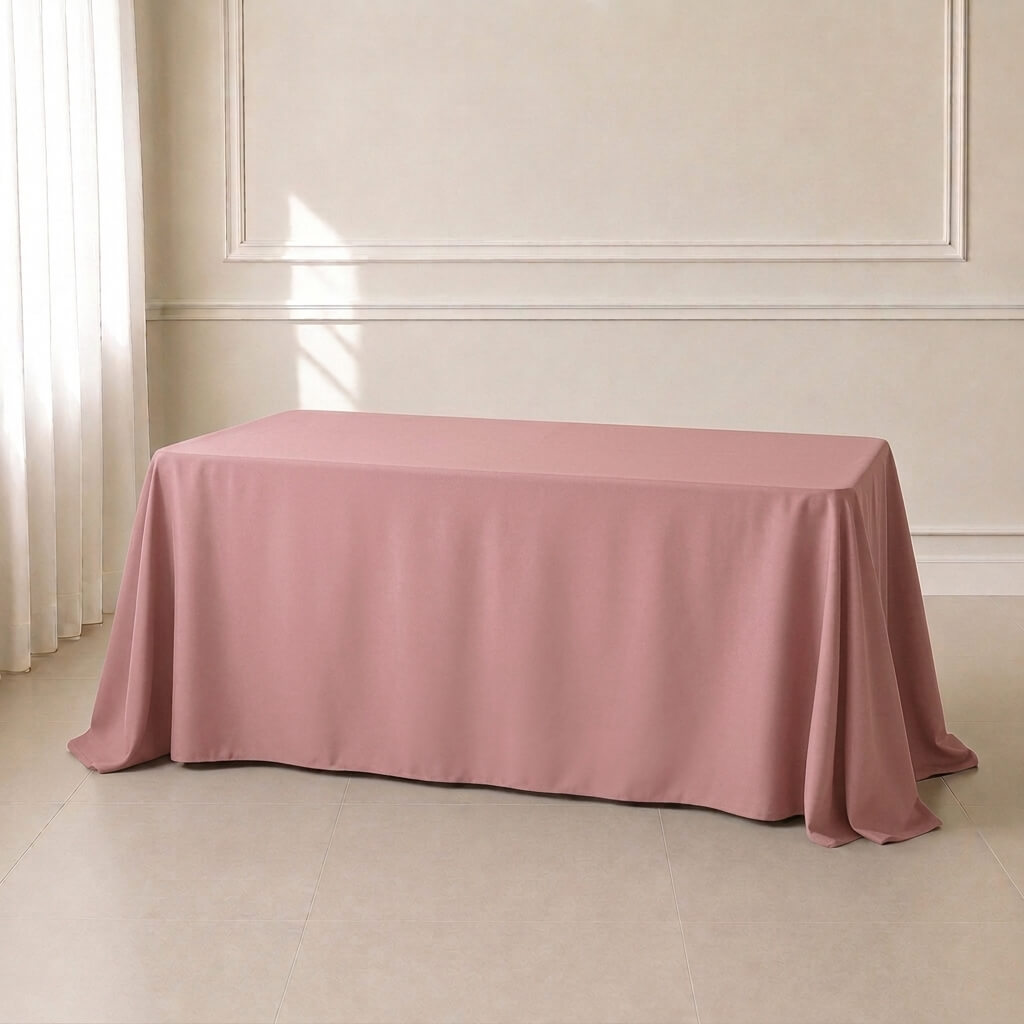 Dusty rose seamless rectangle tablecloth 90"x132" on a table.