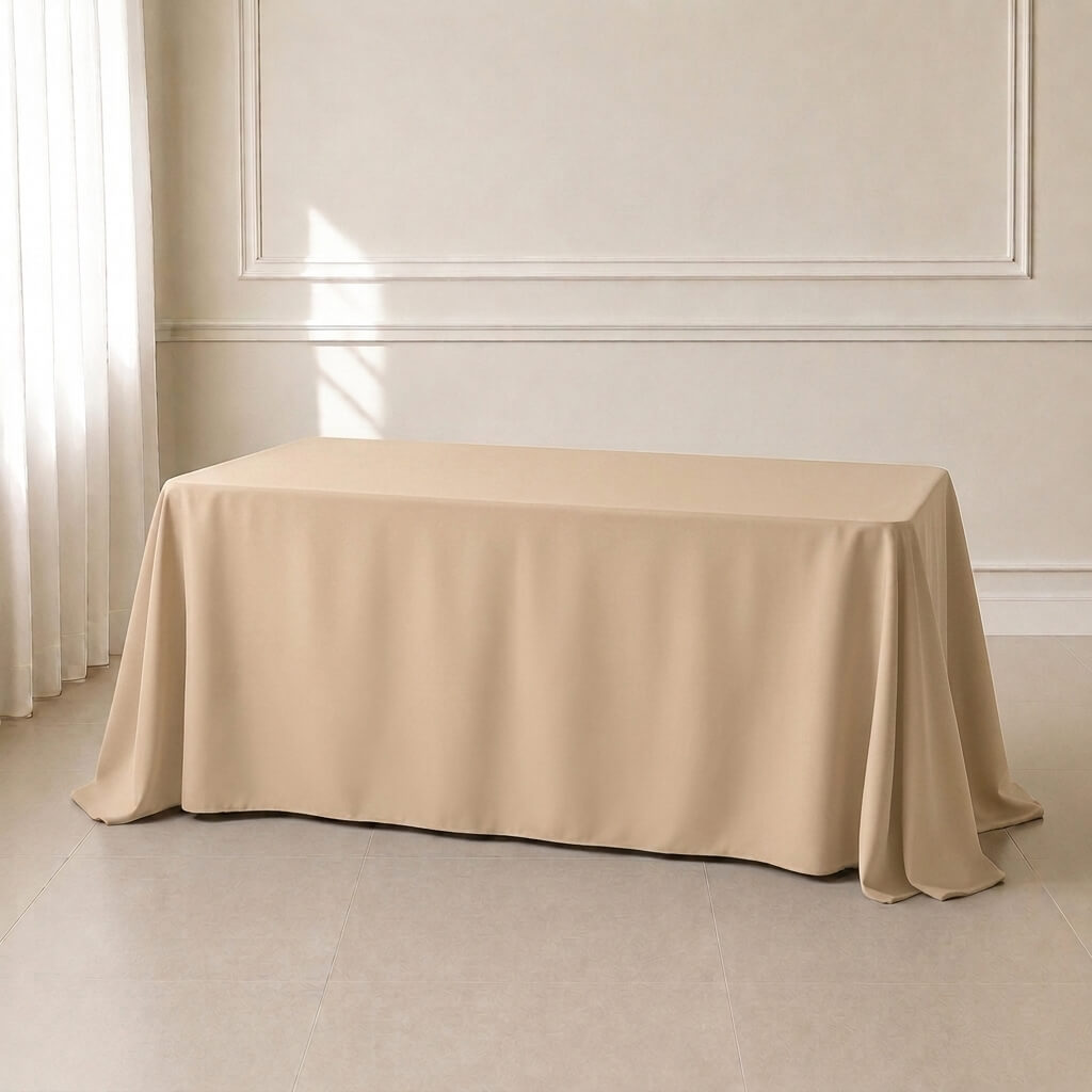 Nude polyester rectangle tablecloth 90"x132" with seamless finish.