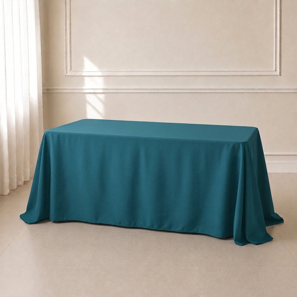 Peacock teal rectangular tablecloth with seamless finish.