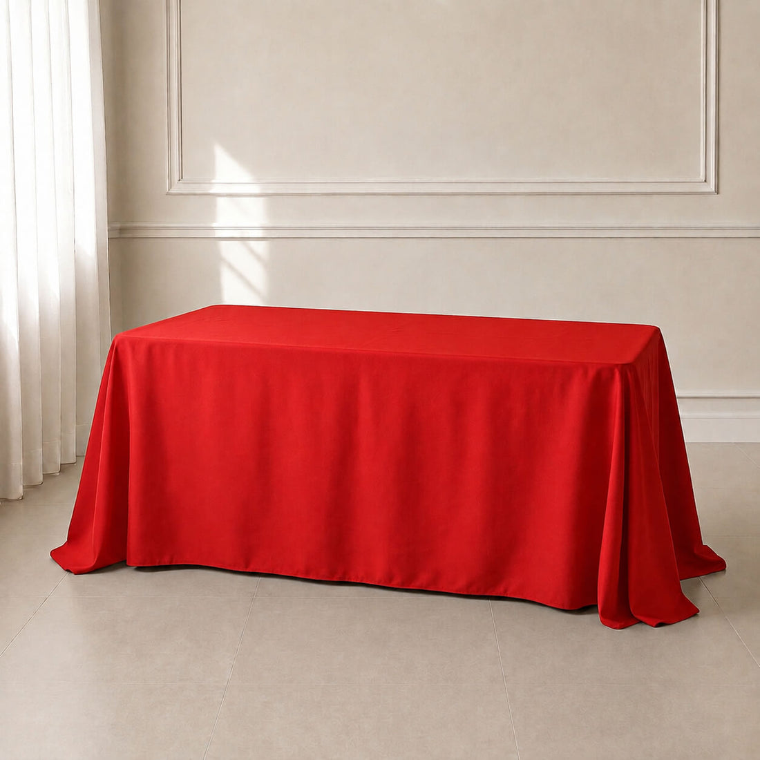 Red polyester rectangle tablecloth, seamless finish, 90"x132".