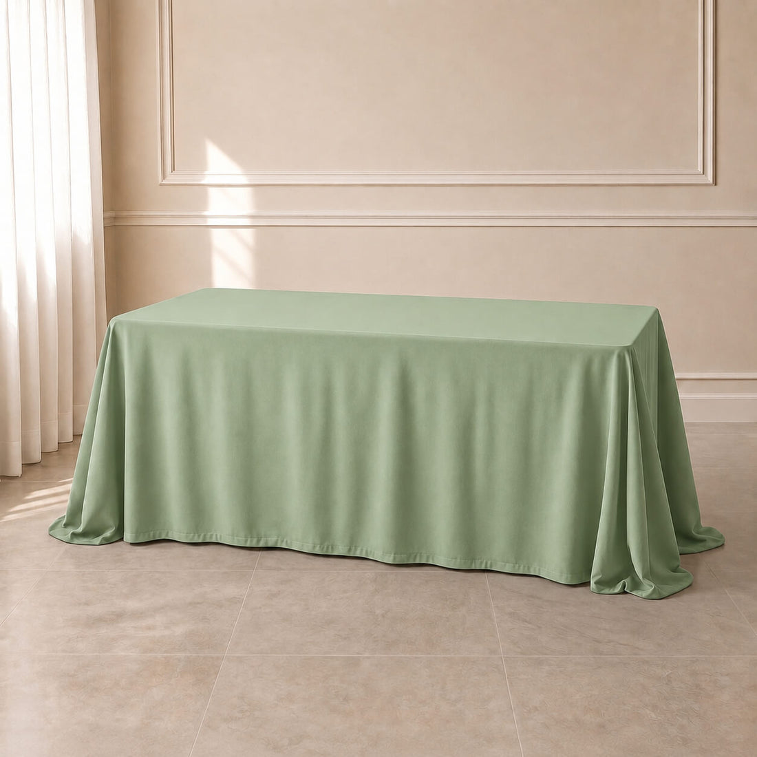 Sage green polyester rectangle tablecloth 90"x132" with seamless finish.