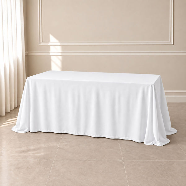 White polyester rectangle tablecloth with seamless finish for elegant events.