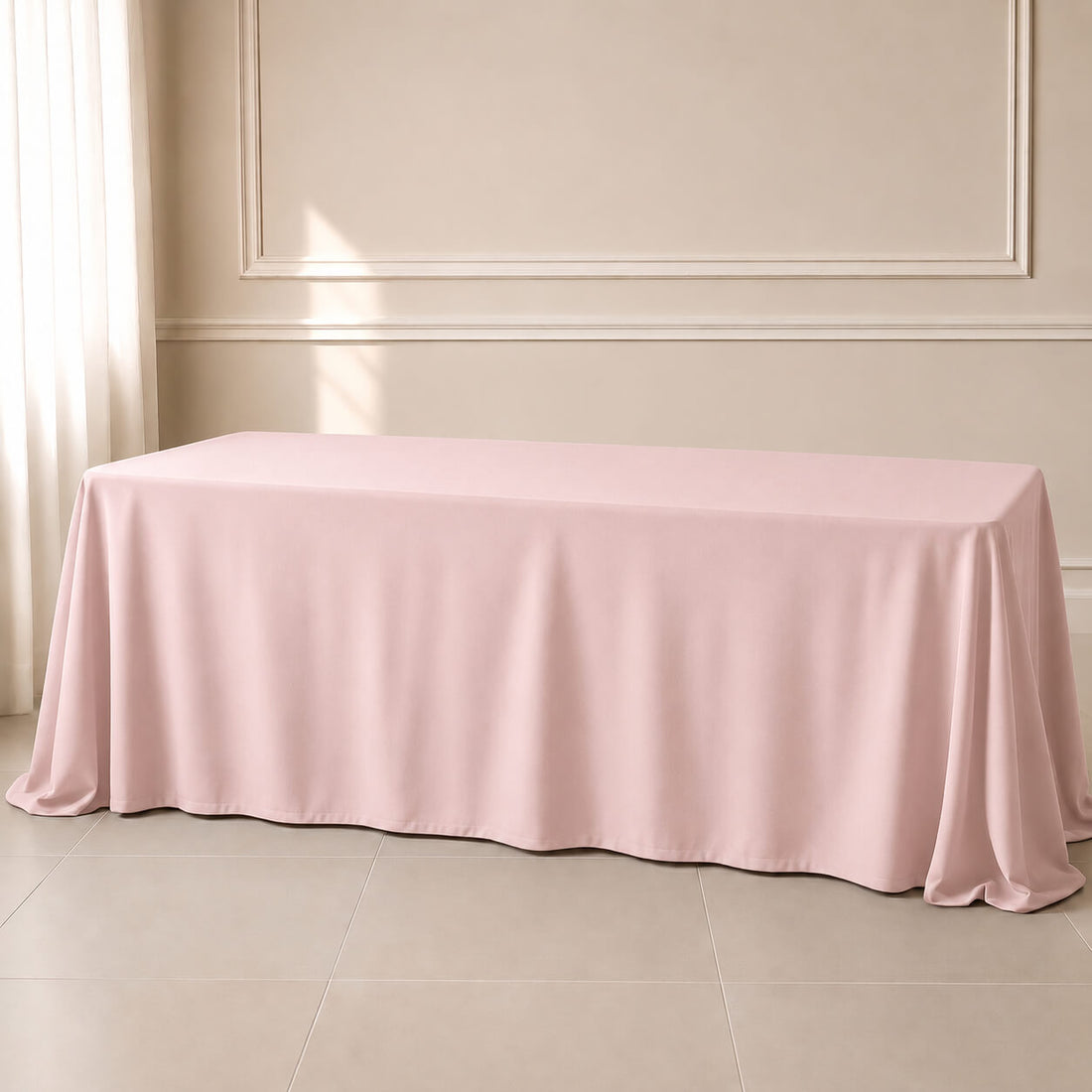Blush polyester rectangle tablecloth 90"x156" with seamless finish.