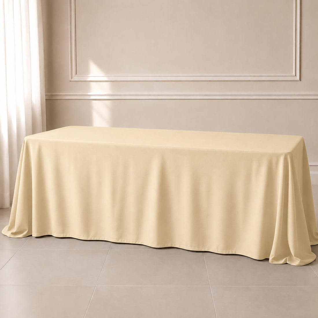 Beige polyester rectangle tablecloth 90"x156" seamless finish.