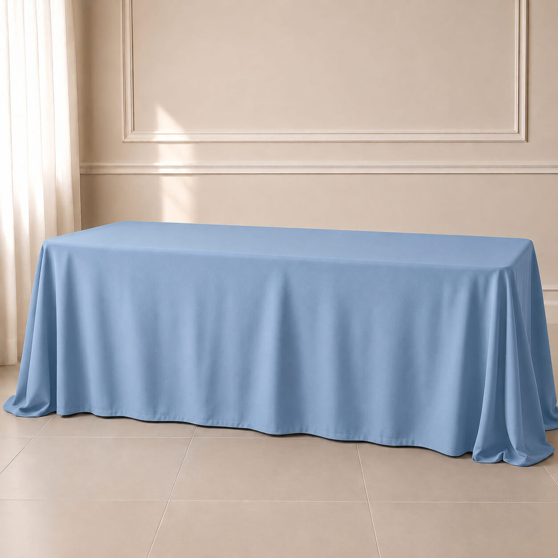 Dusty blue polyester rectangle tablecloth 90"x156" with seamless finish.