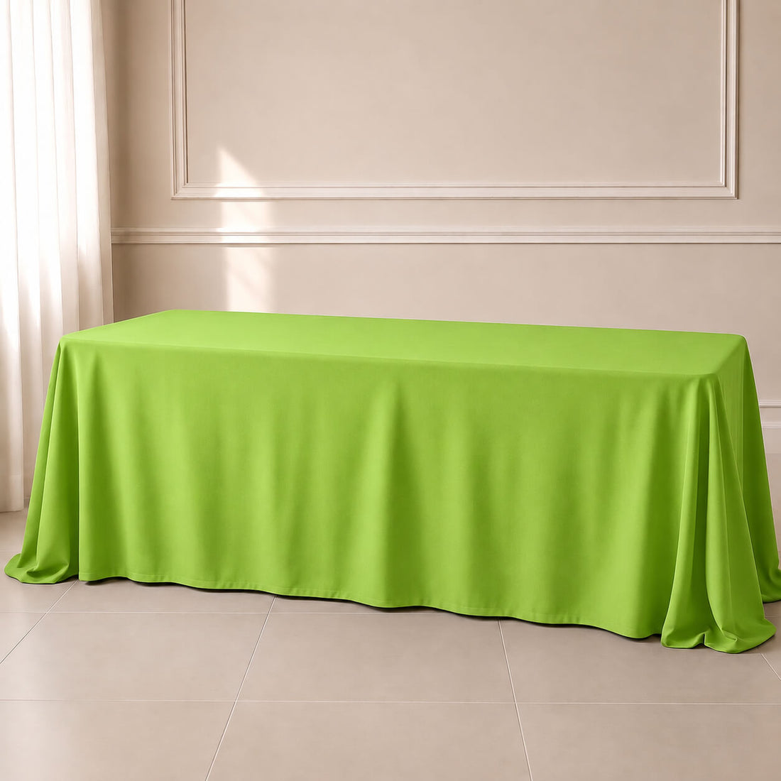 Apple green polyester rectangle tablecloth on a table.