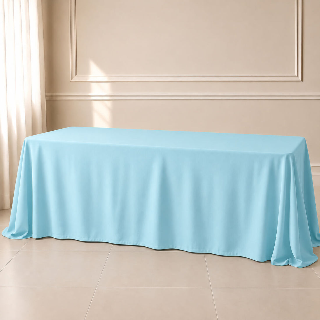 Light blue polyester rectangle tablecloth 90"x156" with seamless finish.