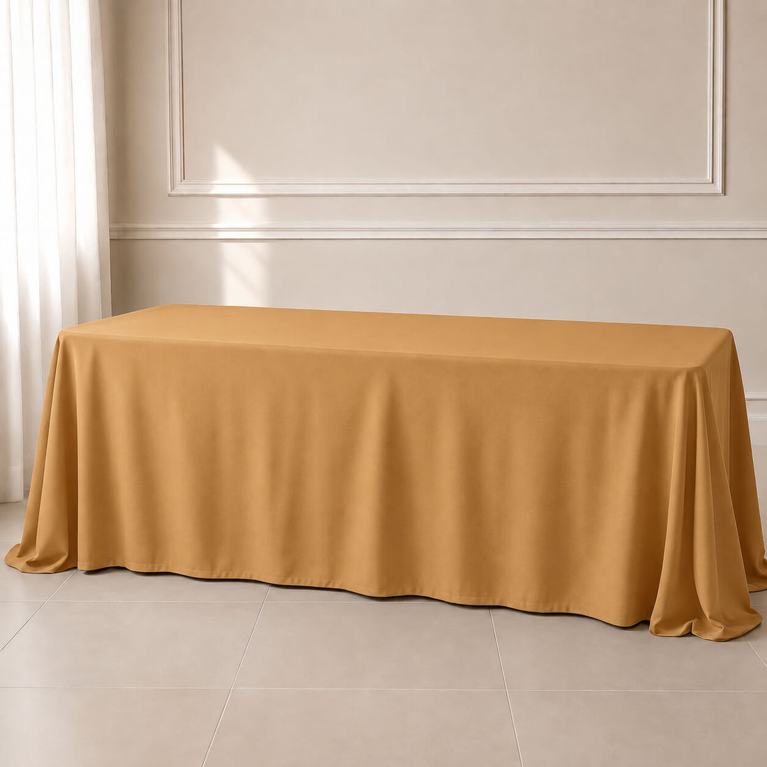 Gold polyester rectangle tablecloth for elegant events.