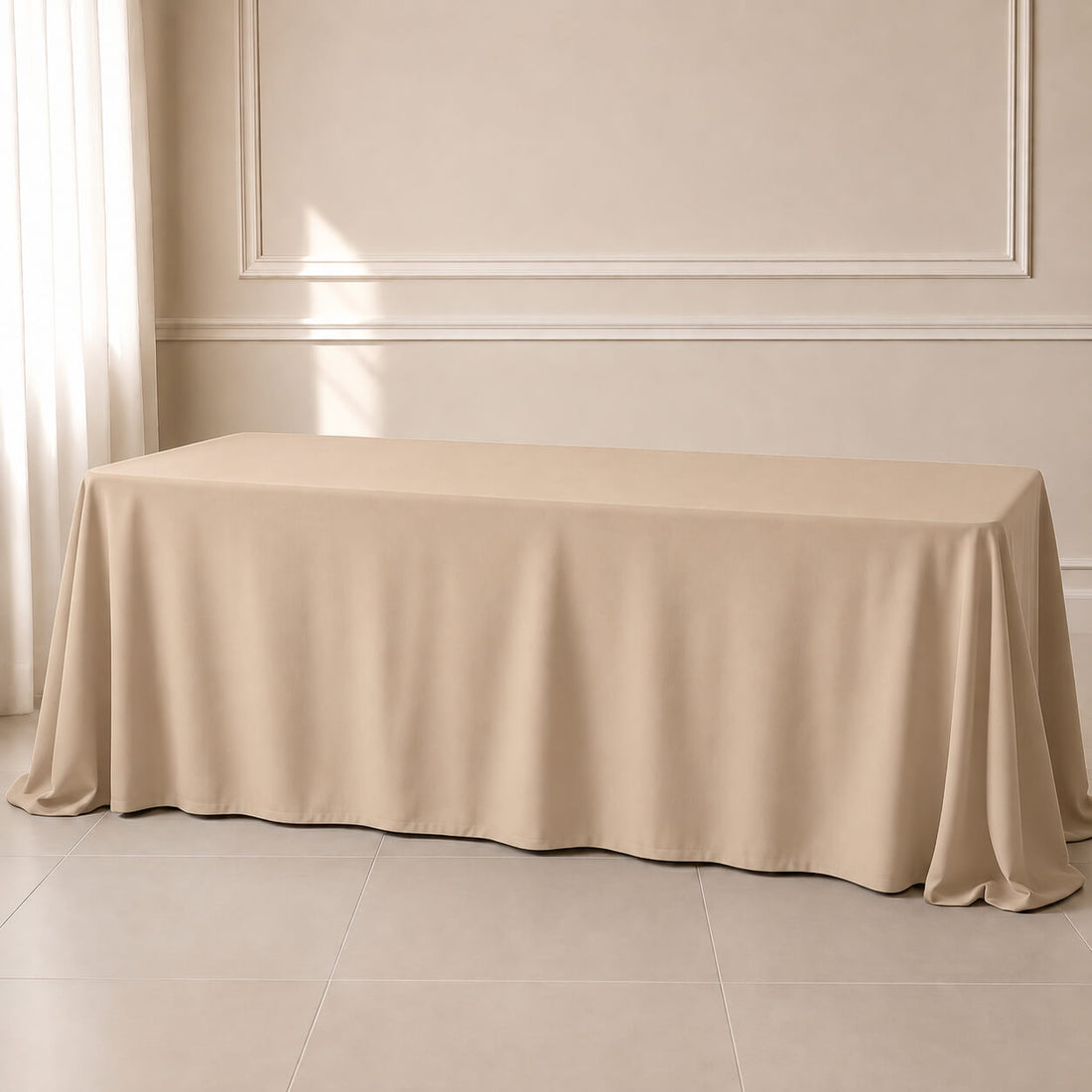 Nude polyester rectangle tablecloth, 90"x156", seamless finish.