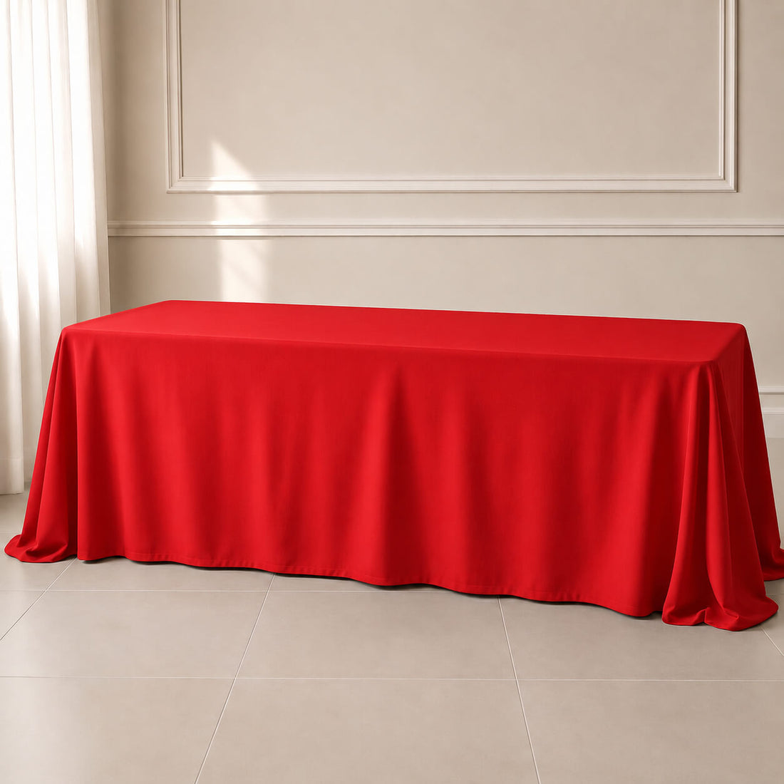 Red polyester rectangle tablecloth 90"x156" with seamless finish.