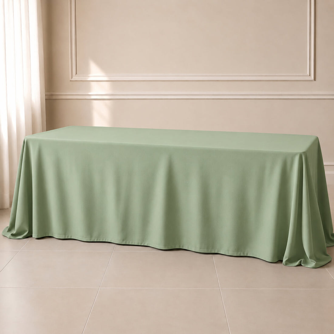 Sage green polyester rectangle tablecloth 90"x156" with seamless finish.