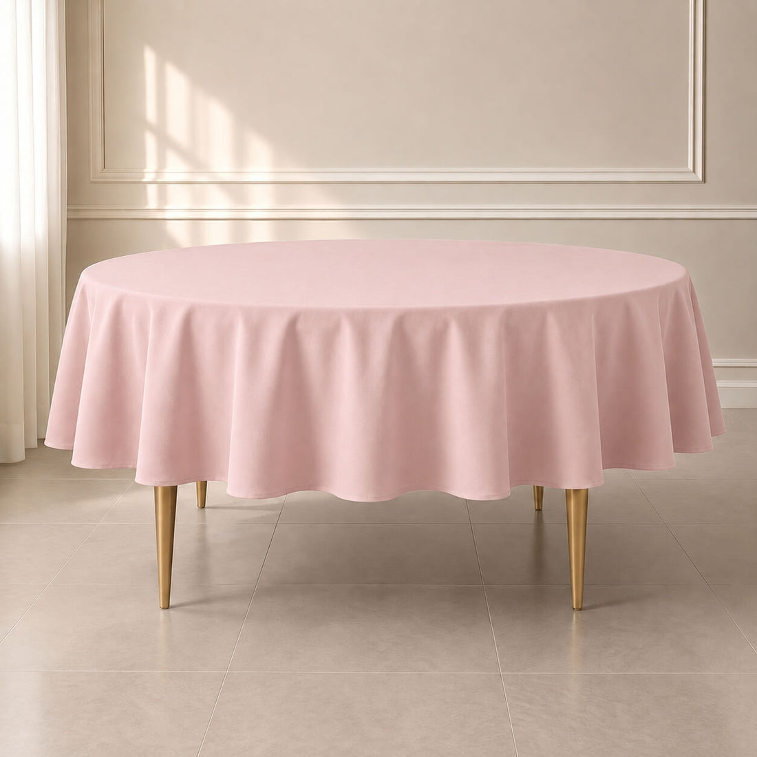 Blush polyester round tablecloth, 90 inches, reusable and durable.