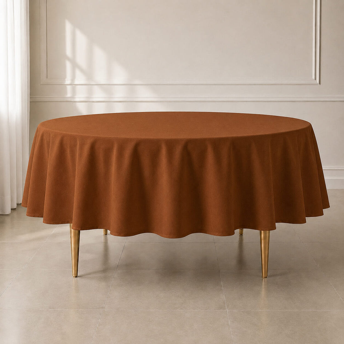 Cinnamon brown polyester round tablecloth for elegant dining.