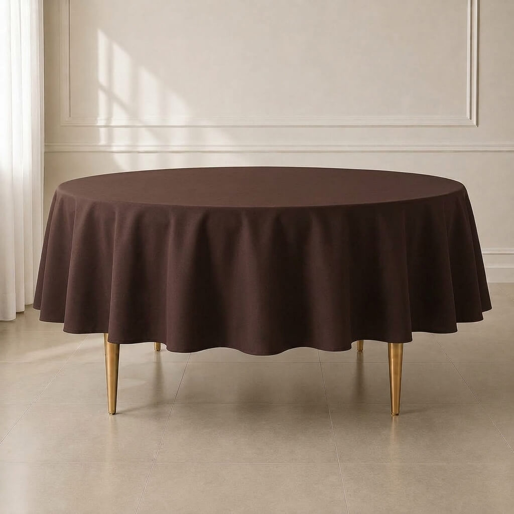 Chocolate round tablecloth on a wooden table. Reusable and durable design.