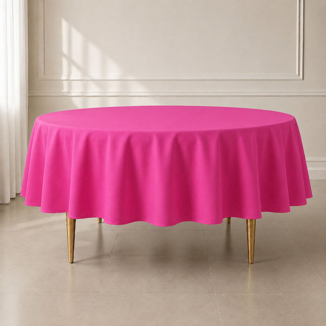 Fuchsia round tablecloth on a table in a bright room.