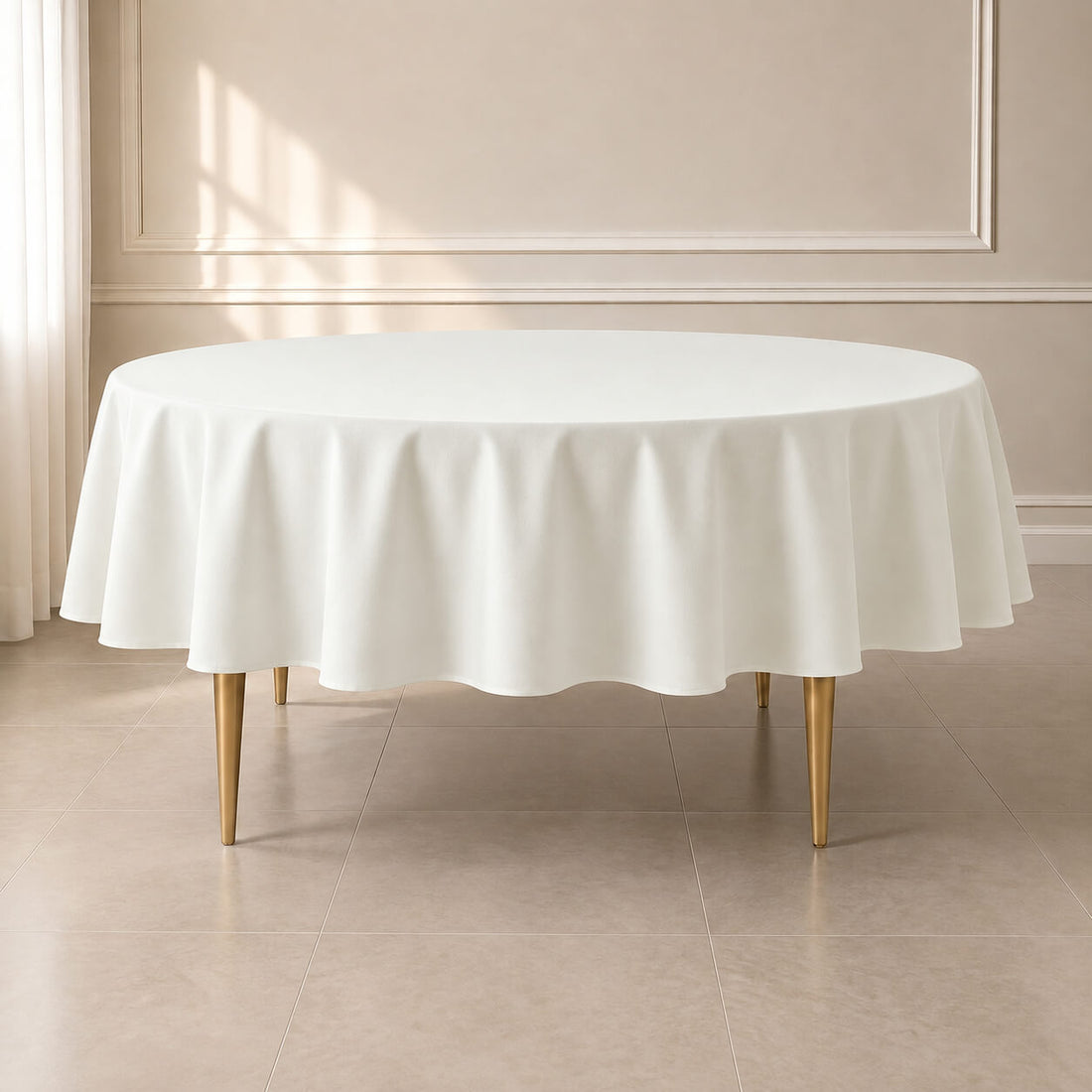 Ivory polyester round tablecloth, 90 inches, reusable and durable.