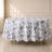 White round tablecloth with black French toile pattern, ideal for chic events.