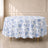 White round tablecloth with blue French toile pattern for weddings and events.