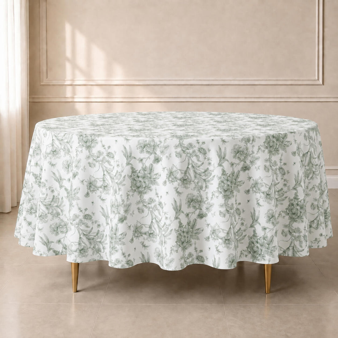 White tablecloth with dusty sage green French toile pattern.