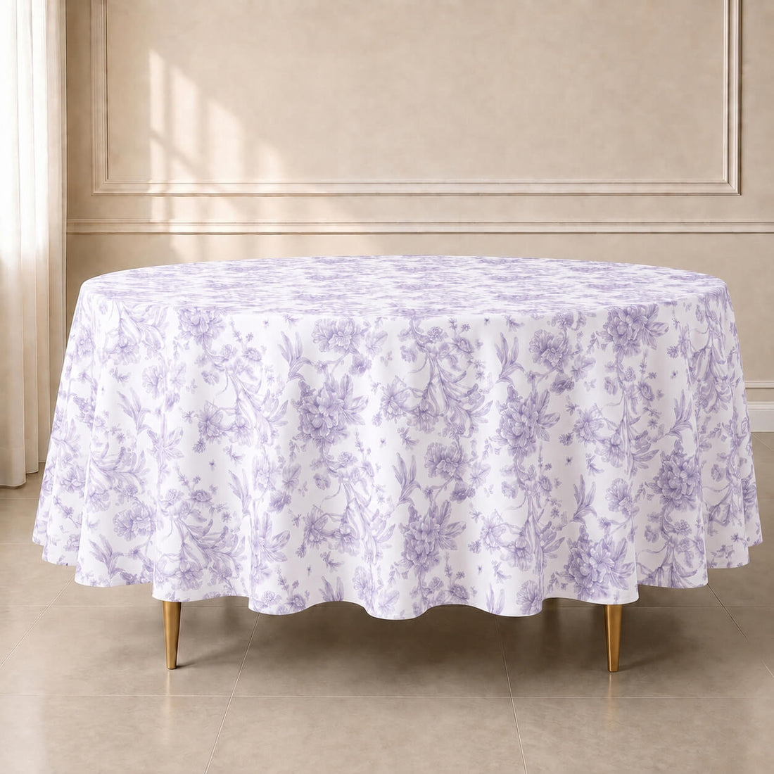 White tablecloth with lavender lilac French toile pattern for elegant events.