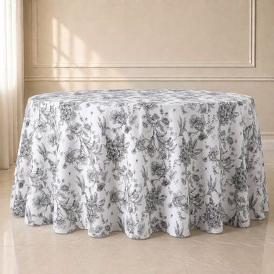 Polyester Round Tablecloth 120" White with Black French Toile Pattern - Sophisticated Table Cover for Chic Weddings & Events