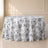 White round tablecloth with black French toile pattern for elegant events.