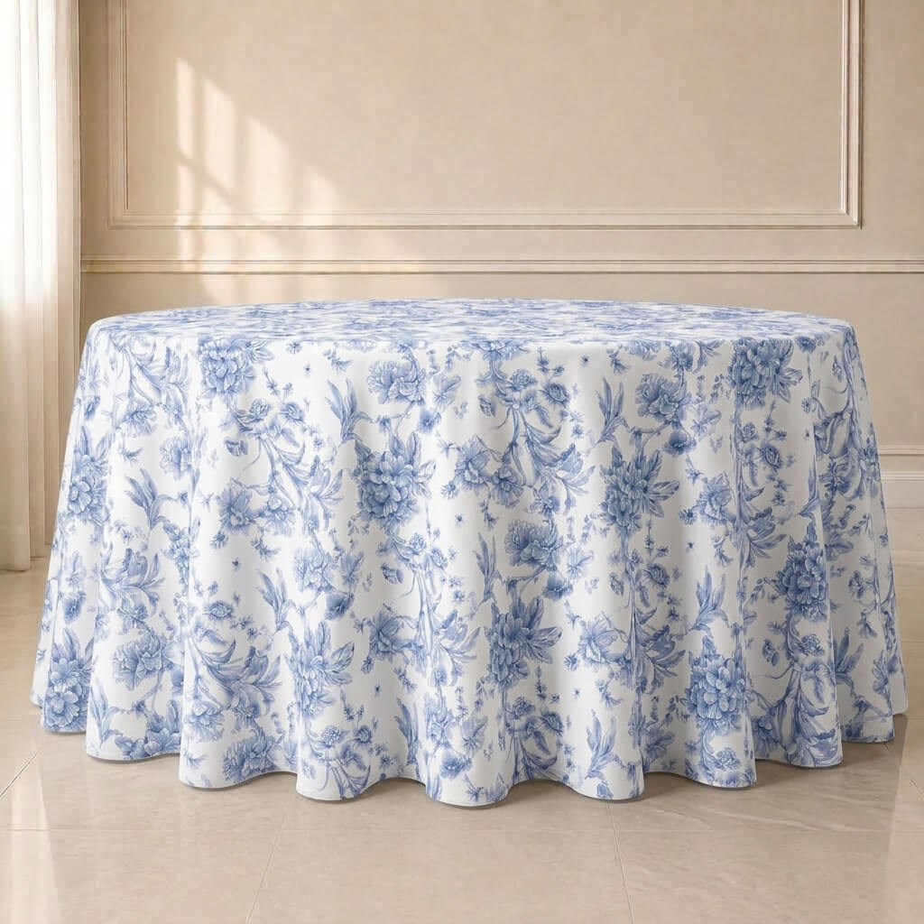 White tablecloth with blue French toile pattern for elegant events.