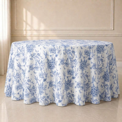 Polyester Round Tablecloth 120" White with Blue French Toile Pattern - Sophisticated Table Cover for Chic Weddings & Events