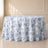 White tablecloth with blue French toile pattern for elegant events.