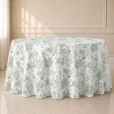 Polyester Round Tablecloth 120" White with Dusty Sage Green French Toile Pattern - Sophisticated Table Cover for Chic Weddings & Events