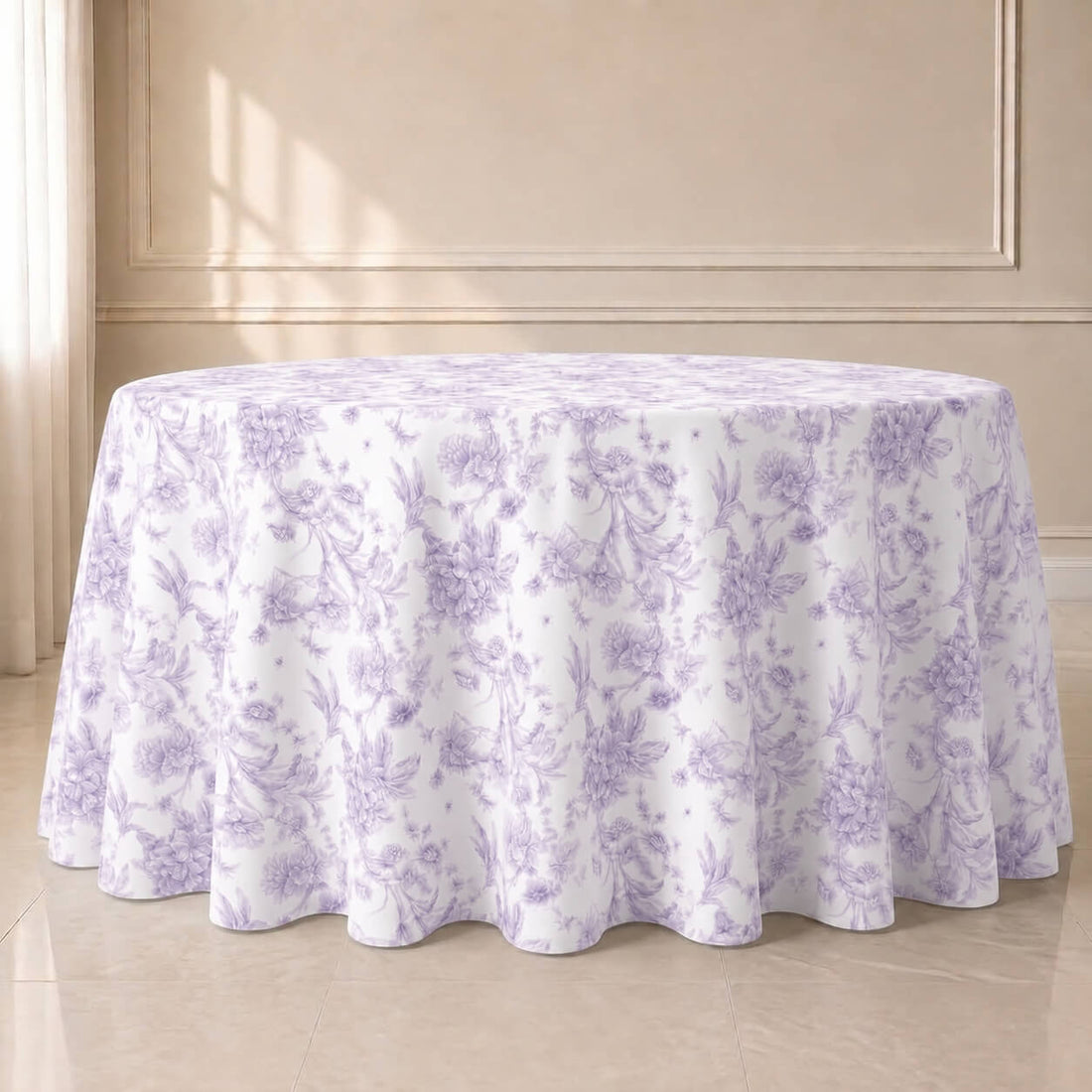 White tablecloth with lavender lilac French toile pattern for elegant events.