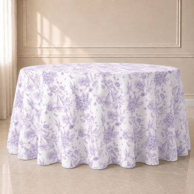 Polyester Round Tablecloth 120" White with Lavender Lilac French Toile Pattern - Sophisticated Table Cover for Chic Weddings & Events